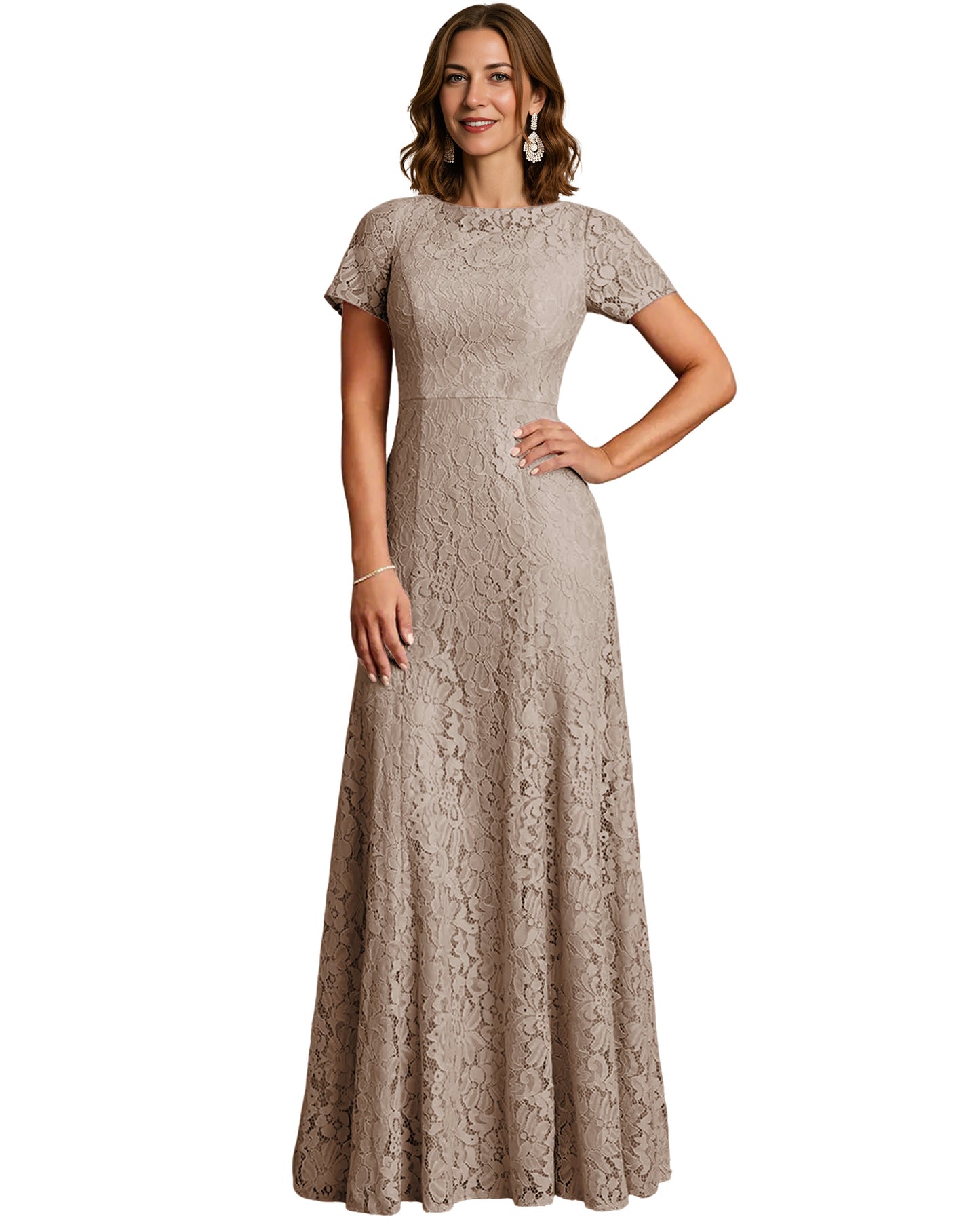 Long Lace Mother of the Bride Dress Short Sleeve Mermaid Gown with Crew Neckline