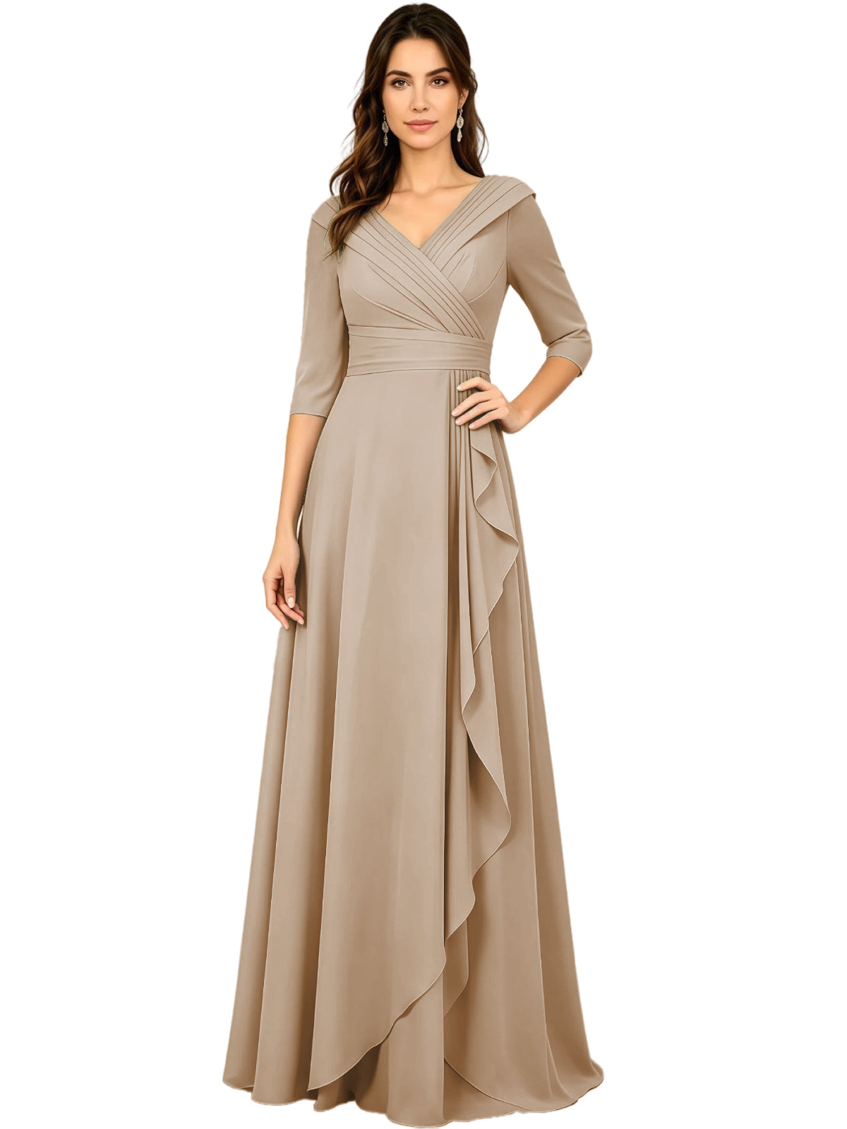 Long V-Neck Mother of the Bride Dress Chiffon Half Sleeve A-Line Gown with Side Ruffle
