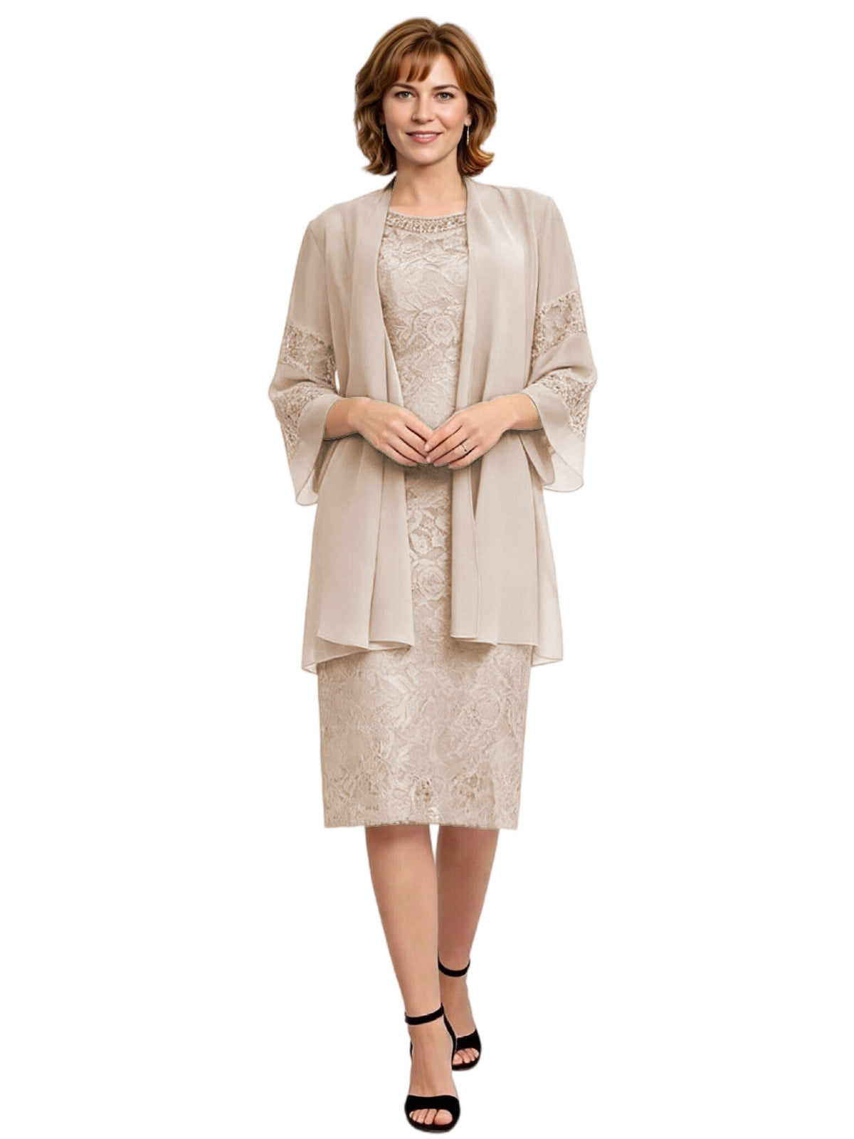 Mother of the Bride Dress with Jacket Knee Length Lace Formal Wedding Guest Outfit