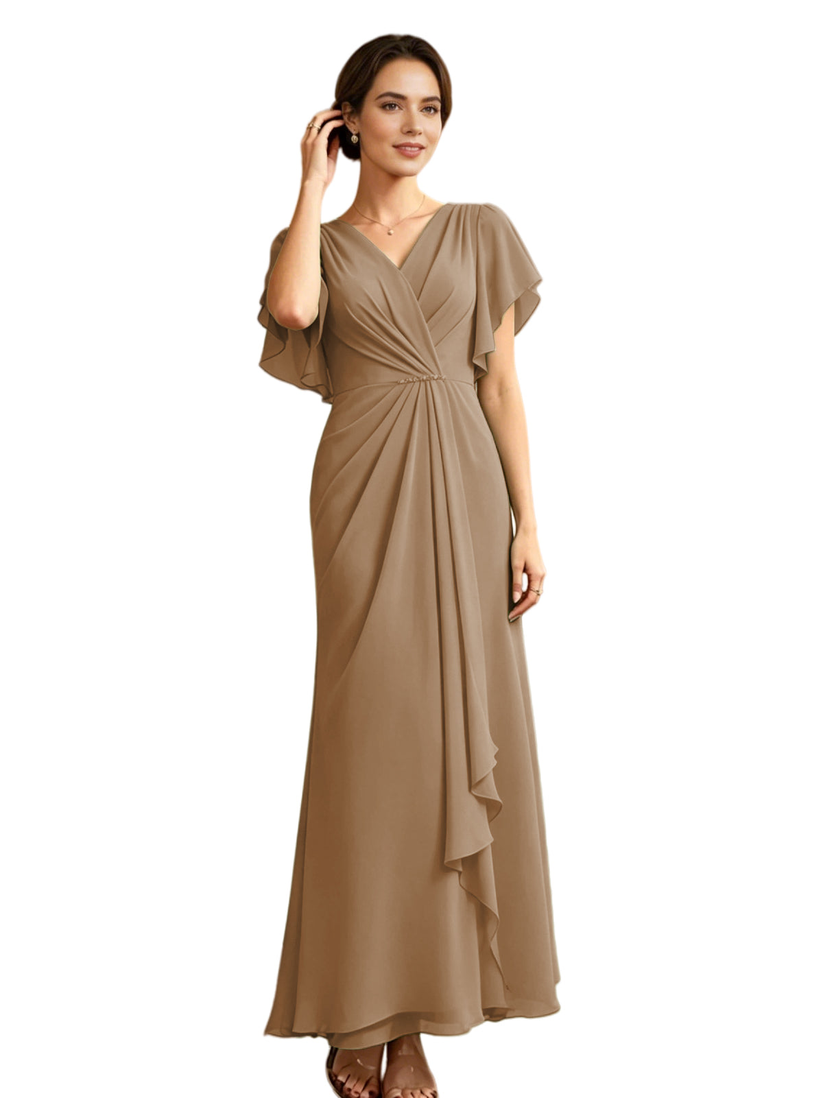 Long Chiffon Mother of the Bride Dress V-Neck Flutter Sleeve A-Line Gown with Beaded Waist