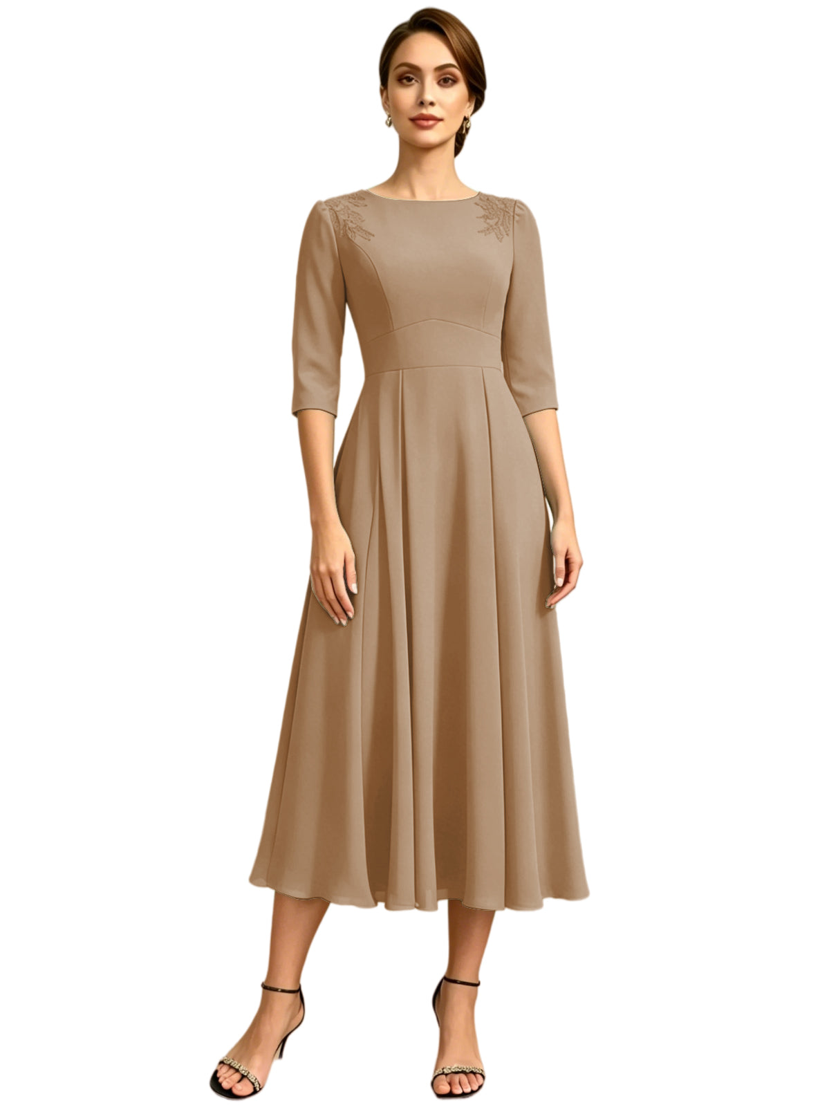 Tea Length Mother of the Bride Dress Jewel Neck Chiffon A-Line Formal Gown with Embroidery