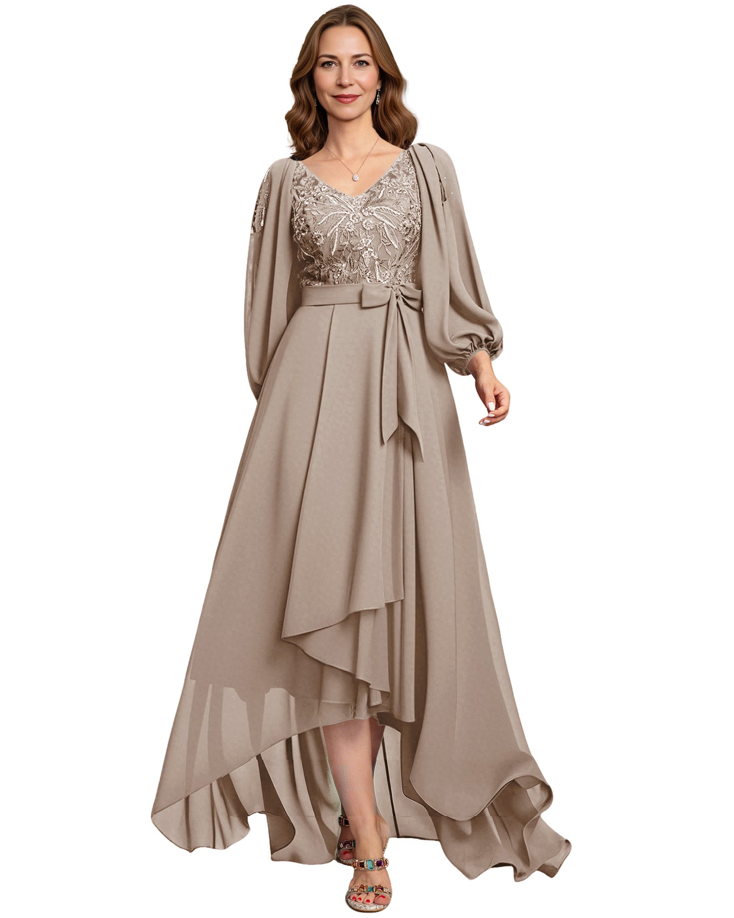 High Low Mother of the Bride Dress Lace Bodice Chiffon Jacket Formal Wedding Gown