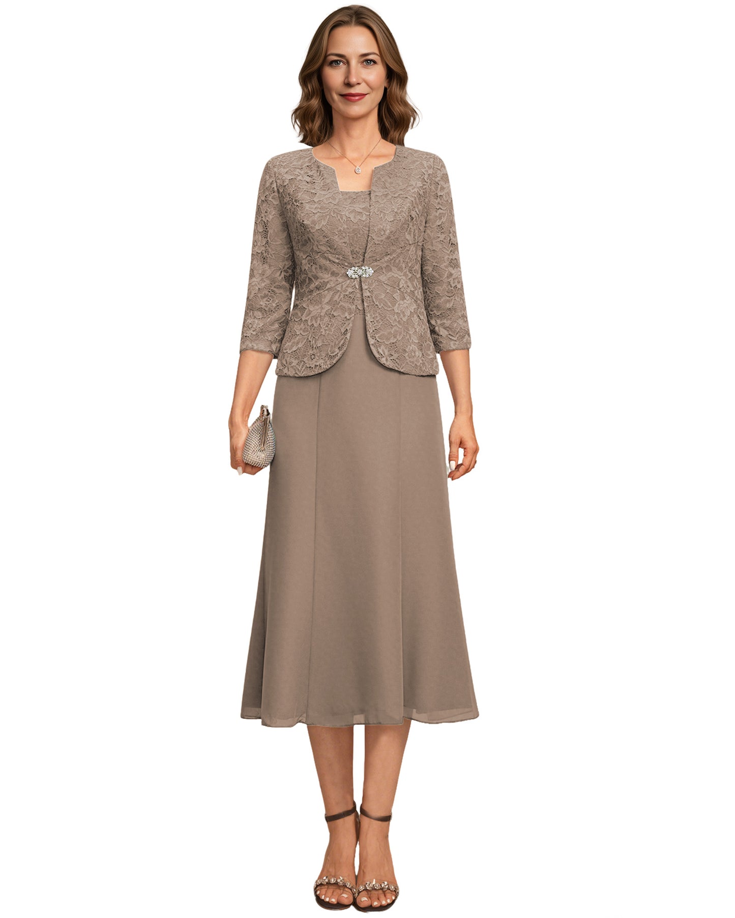 Tea Length Mother of the Bride Dress Lace Jacket Chiffon A-Line Wedding Guest Outfit