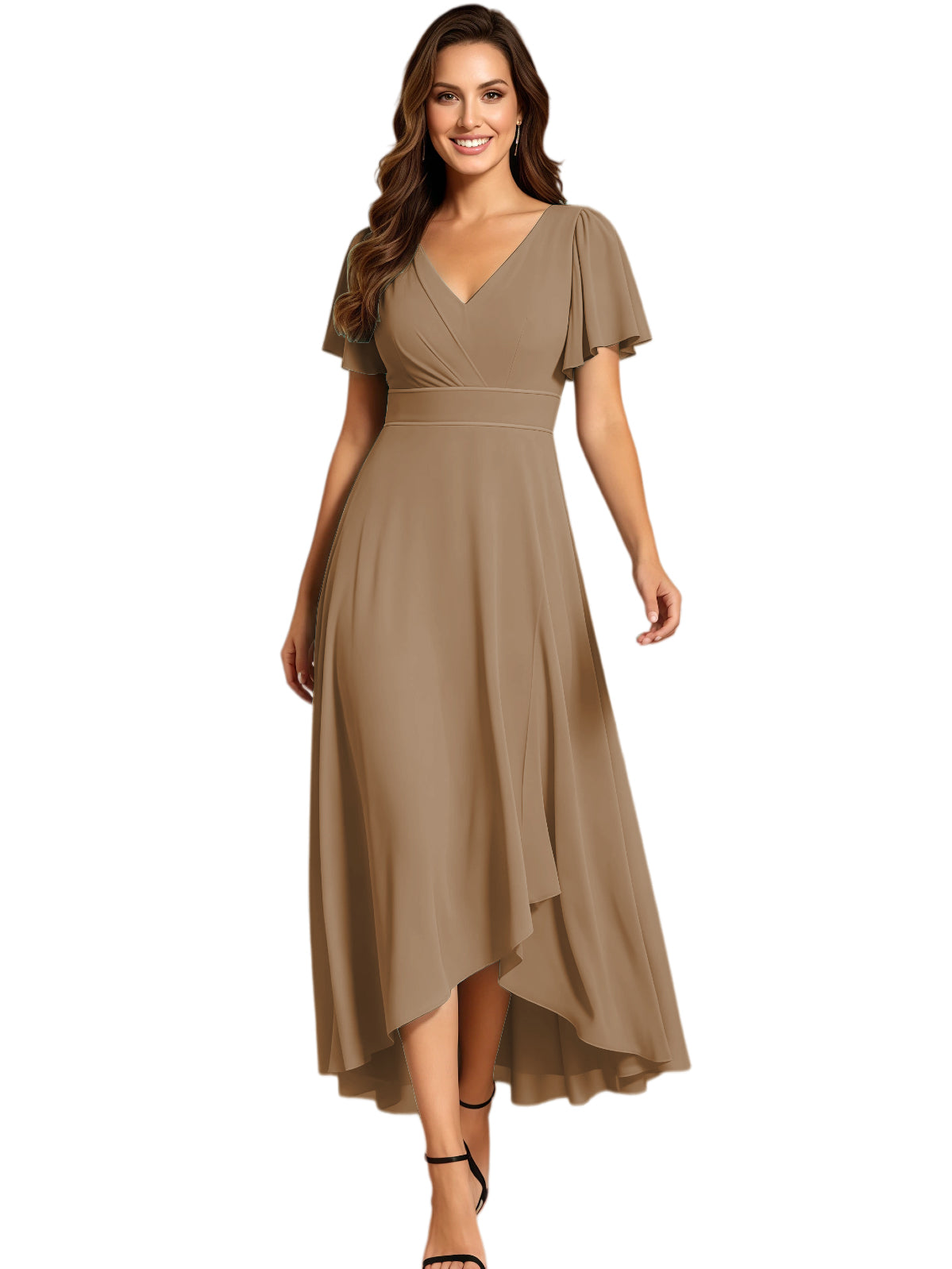 High Low Mother of the Bride Dress V-Neck Flutter Sleeve Chiffon Formal Gown