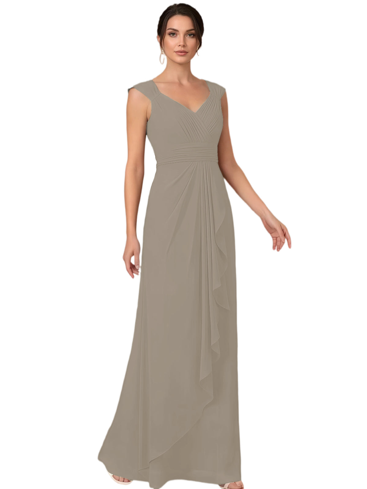 Mother of the Bride Dress Long Sleeveless V-Neck Chiffon Formal Gown with Ruffle Detail