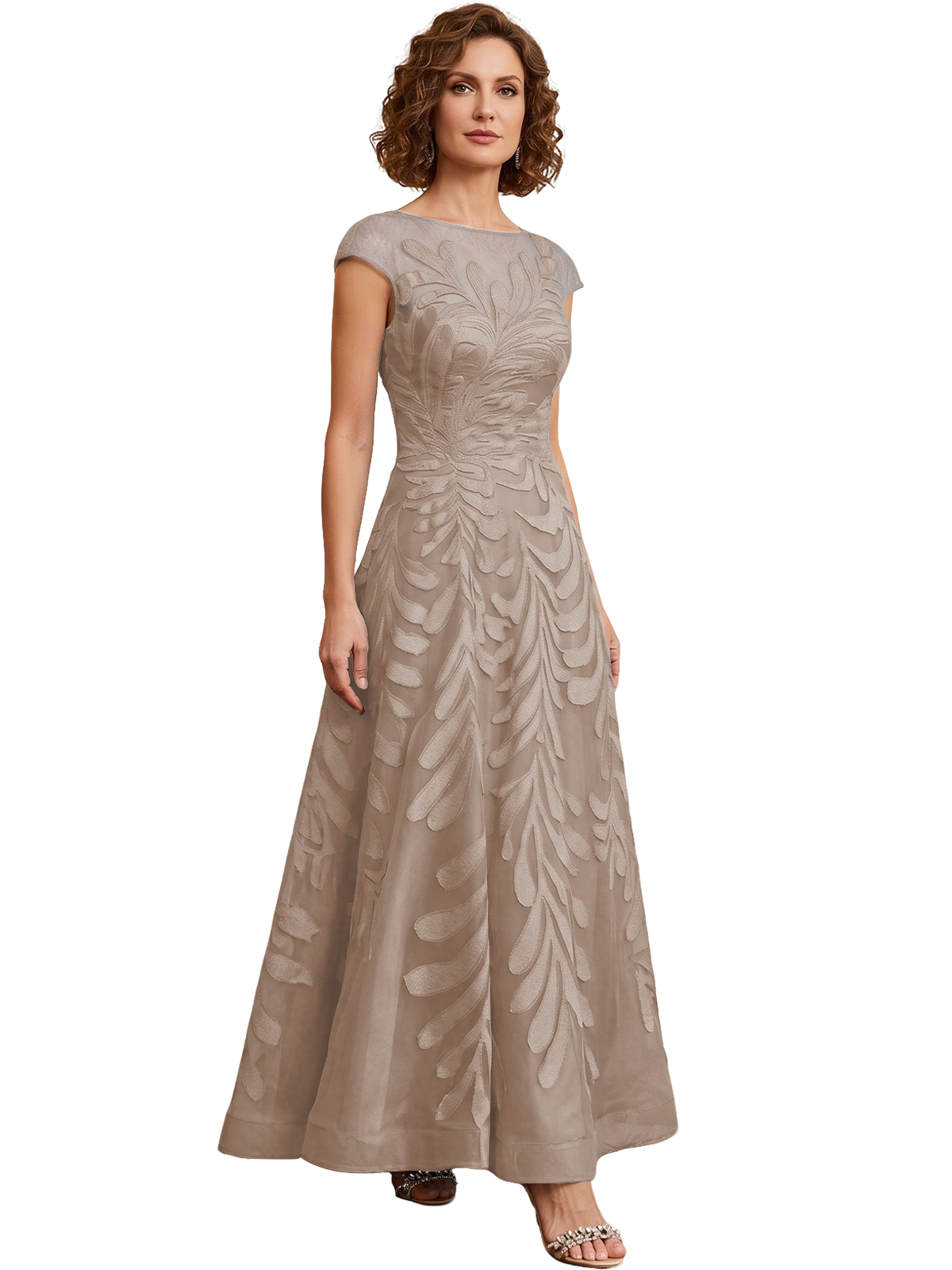 Embroidered Tulle Mother of the Bride Dress Long A-Line Gown with Illusion Cap Sleeves