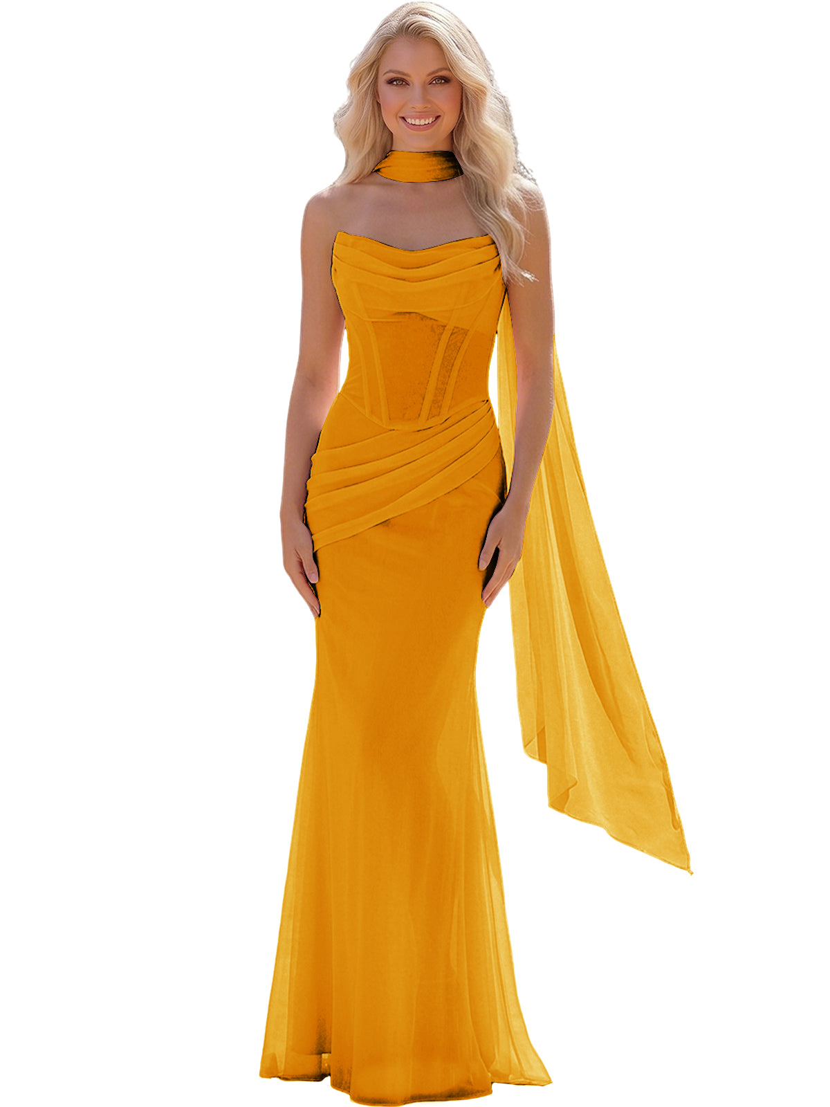 Strapless Chiffon Bridesmaid Gown with Sheer Boned Bodice, Ruched Waist and Scarf