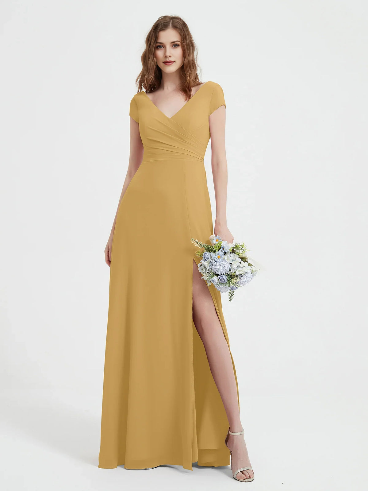 Ruched Side-Slit Slit V Neck A-Line Maxi Chiffon Bridesmaid Dress for Wedding Ceremony