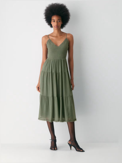 V Neck Tiered Midi Formal Dress