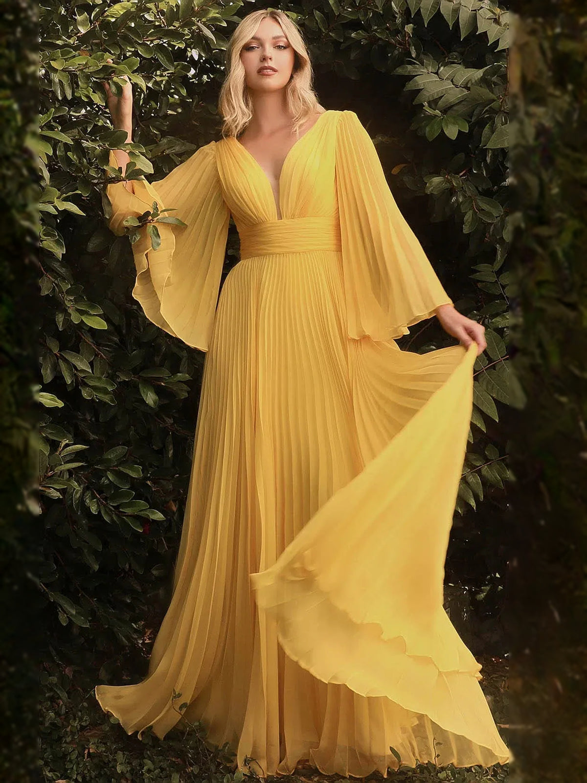 V-Neck Flutter-Sleeve Pleated Chiffon A-Line Formal Dress
