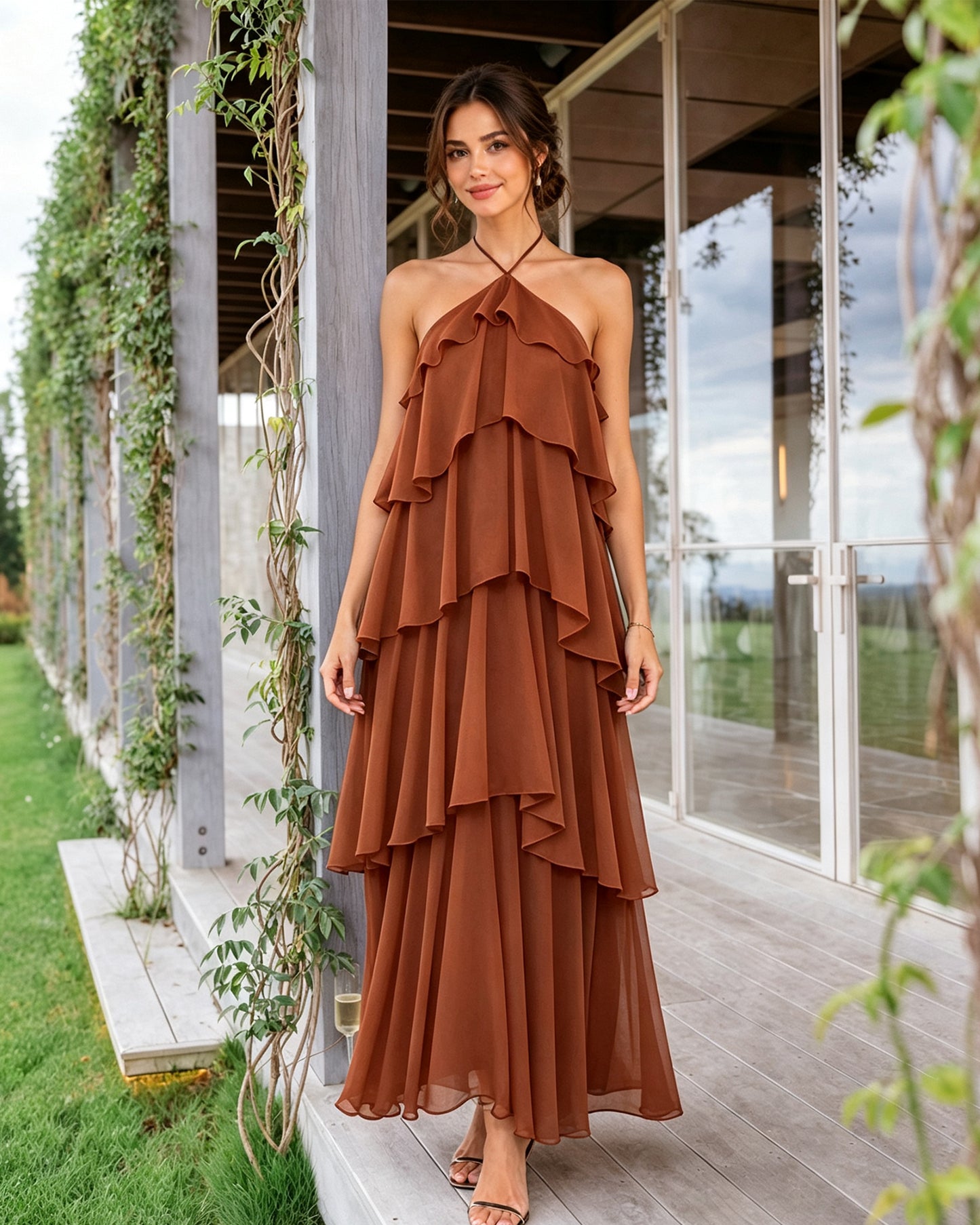 Halter Neck Tiered Chiffon Bridesmaid Dress with Ruffle Overlay