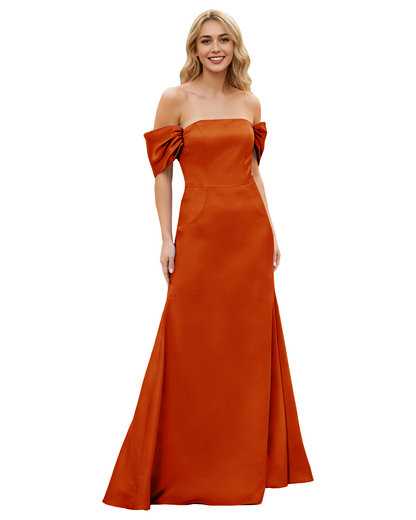 Off Shoulder Satin Bridesmaid Dress with Foldover Neckline and Trumpet Dress