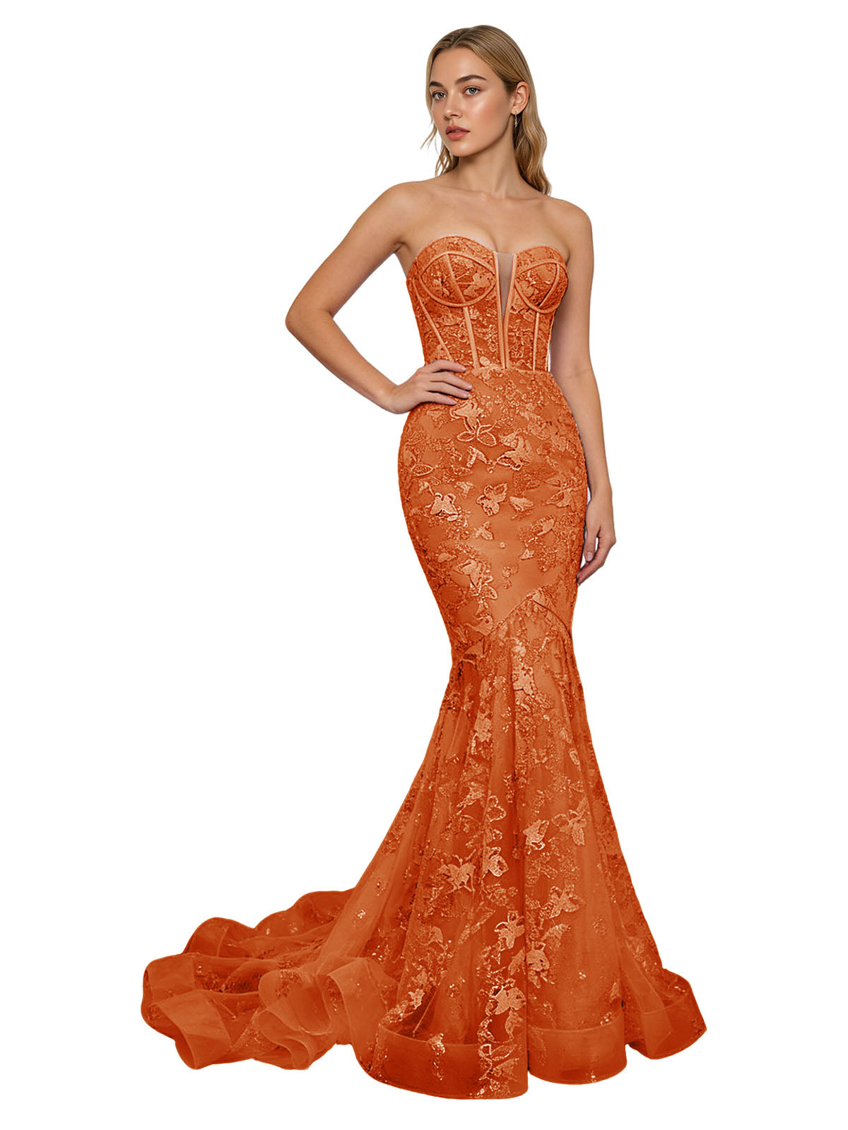 Strapless Lavender Lace Mermaid Prom Dress with Sheer Corset and Train