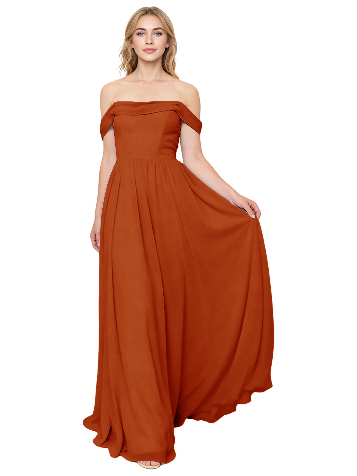 Off Shoulder Pleated Chiffon Bridesmaid Dress with Flowing A-Line Dress