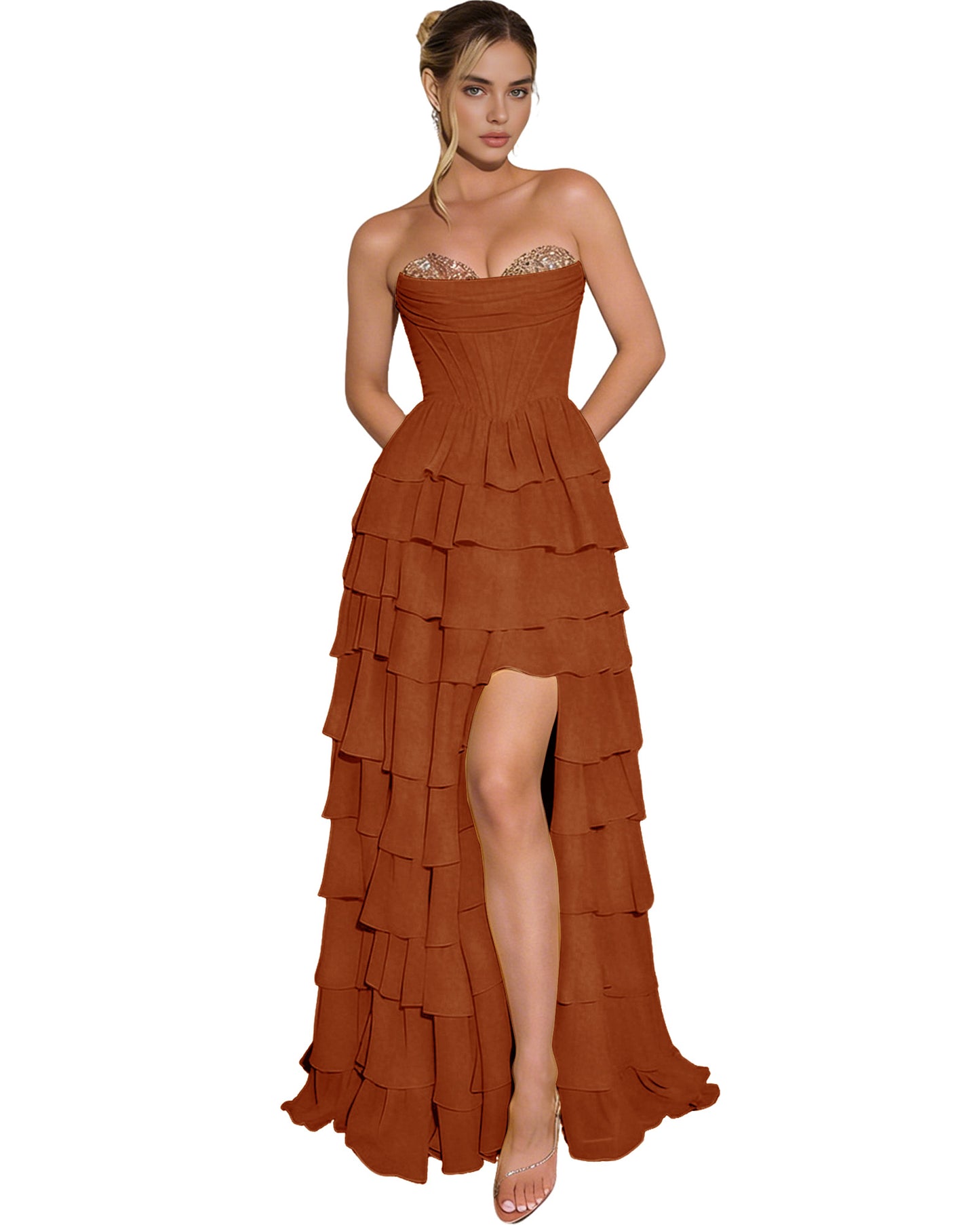 Strapless Layered Tulle Prom Dress with Corset Bodice and High Low Hem