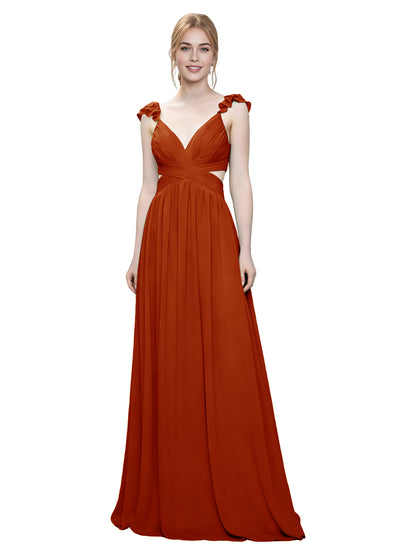 Ruffle Strap V-Neck Tulle Bridesmaid Dress with Pleated Waist
