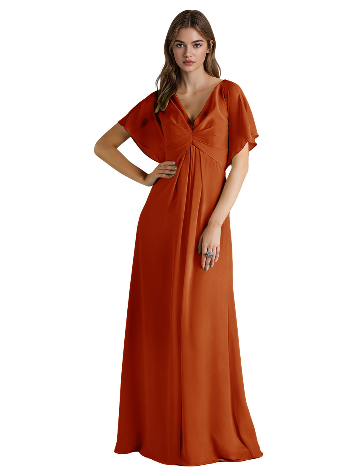 Short Sleeve V-Neck Chiffon Bridesmaid Dress with Gathered Waist