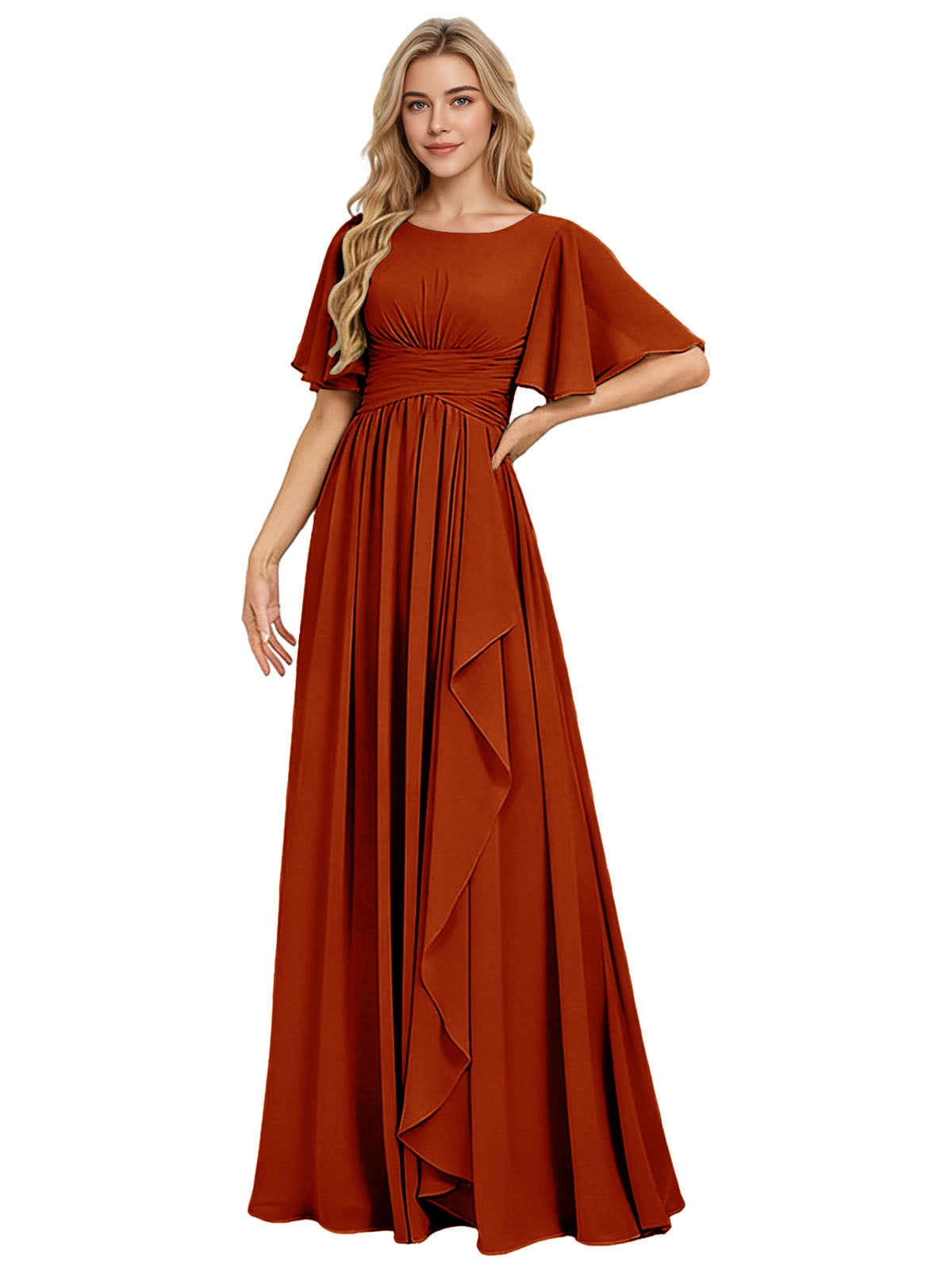 Flutter Sleeve Chiffon Bridesmaid Dress with Tiered Front Ruffle