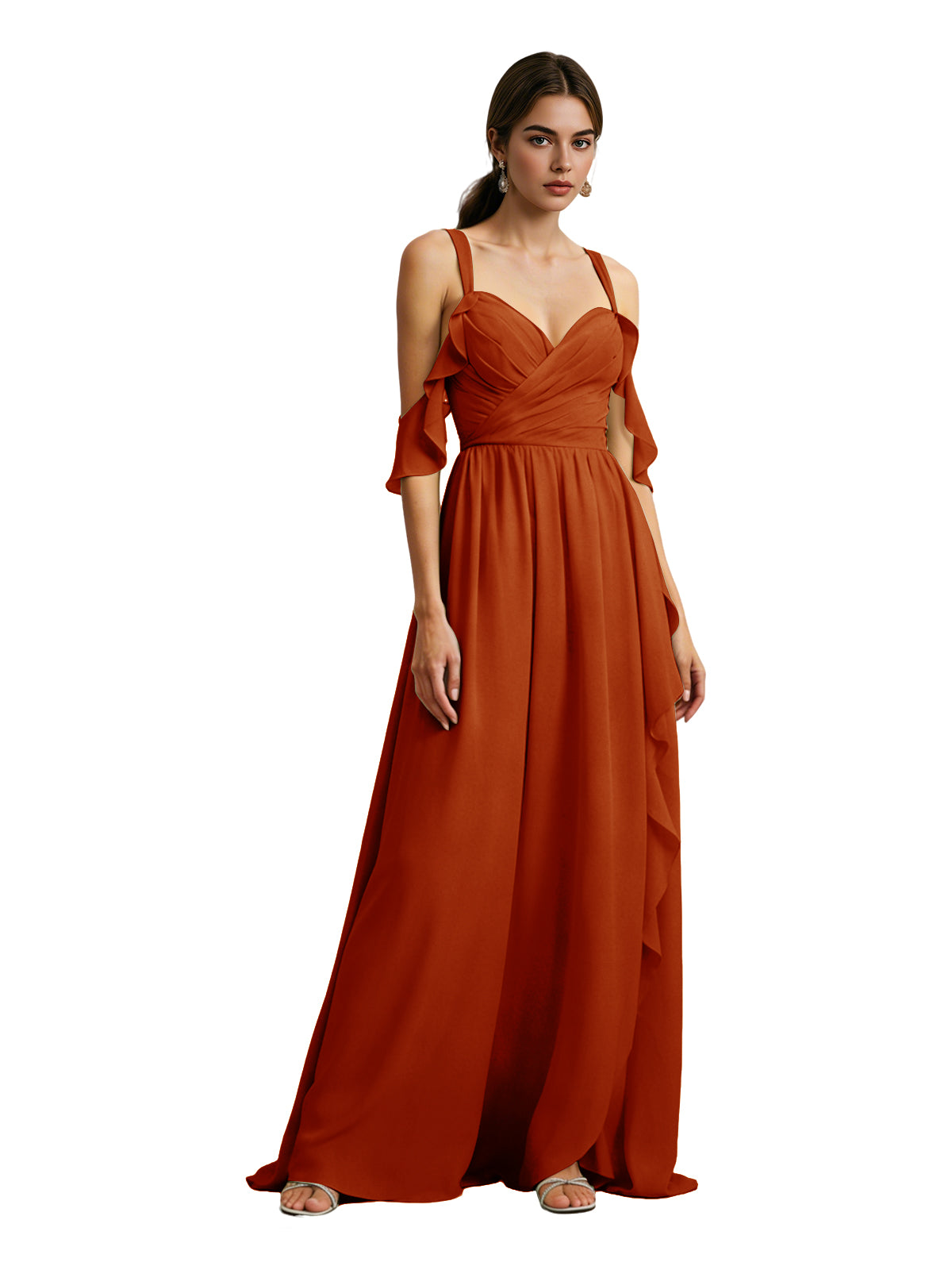 Cold Shoulder Chiffon Bridesmaid Dress with Draped V-Neck Bodice