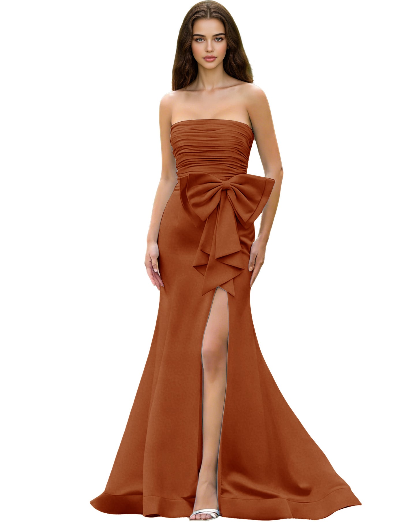 Strapless Bow Detail Satin Prom Dress with Ruched Bodice and Slit