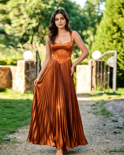 Square Neck Corset Pleated Formal Dress with Midi dress