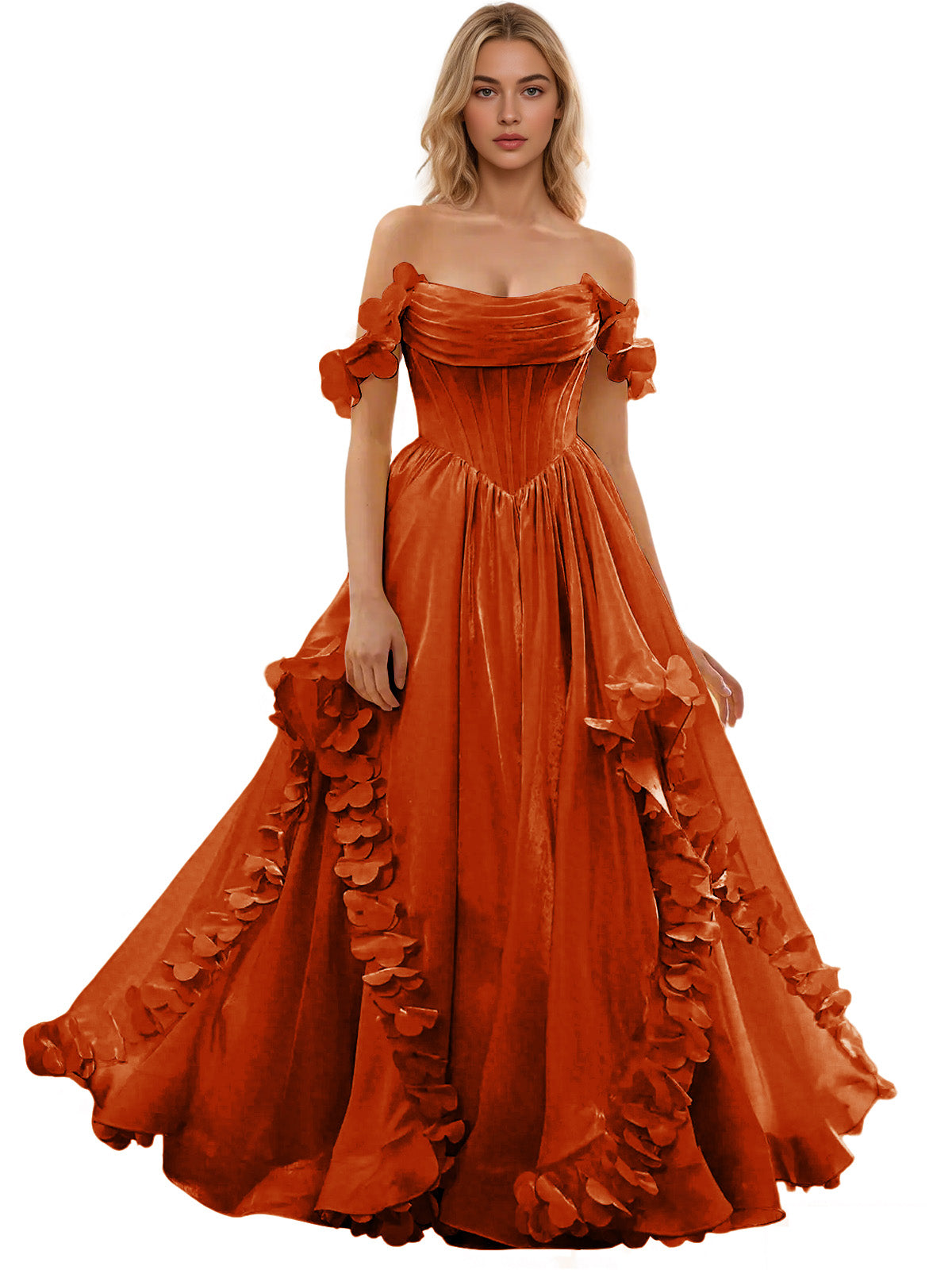 Off Shoulder Ruffle Tulle Ball Gown Prom Dress with Floral Applique