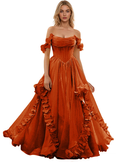 Off Shoulder Ruffle Tulle Ball Gown Prom Dress with Floral Applique