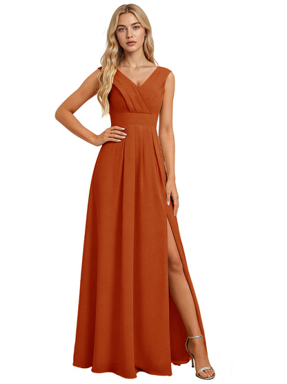 Surplice V-Neck Chiffon Bridesmaid Dress with A-Line Slit dress