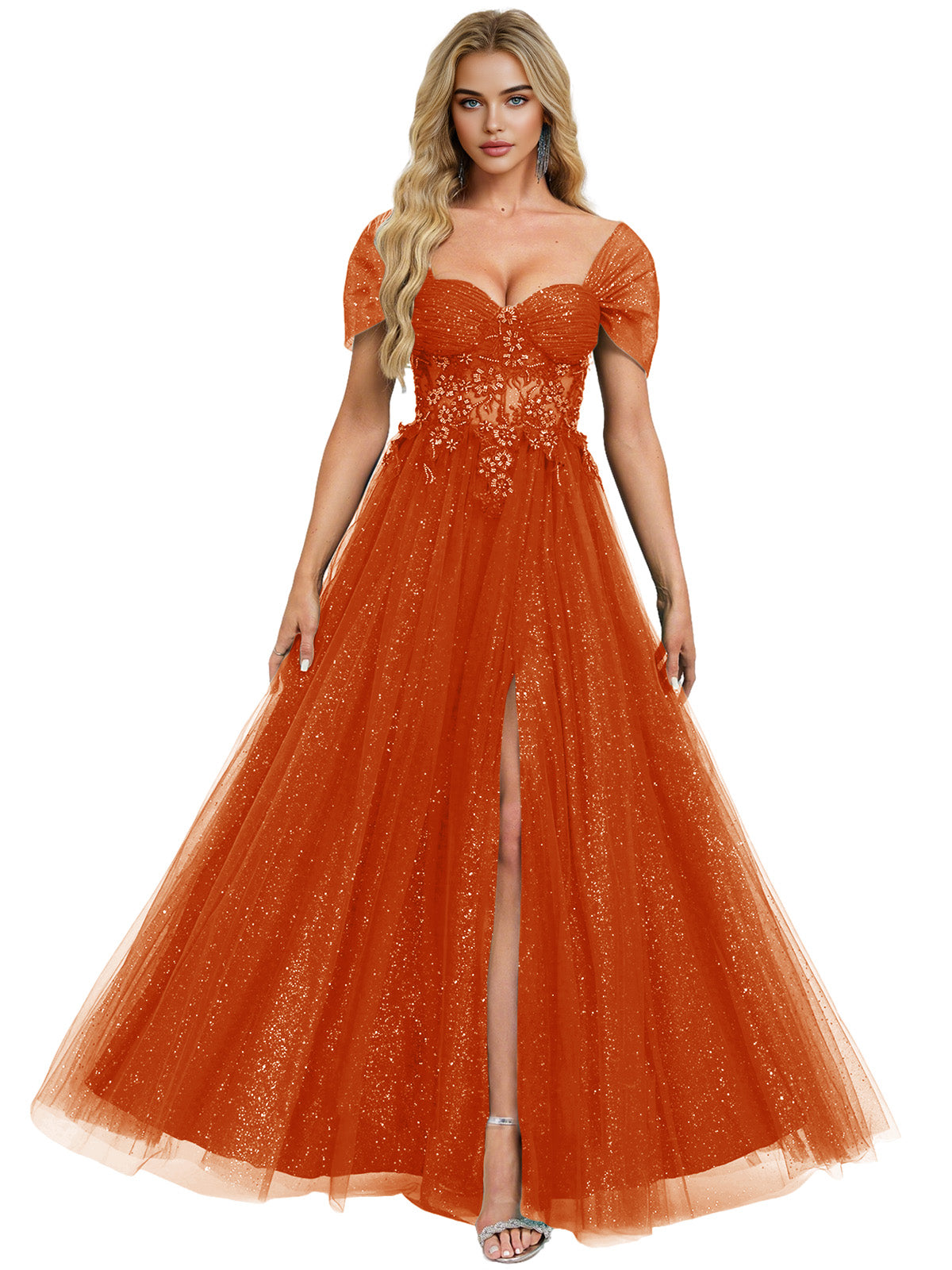 Short Sleeve Glitter Tulle Prom Dress with Illusion Bodice and Slit