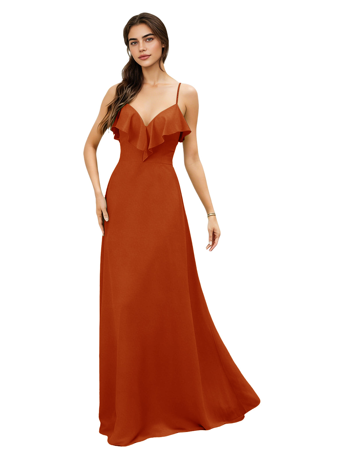Ruffle V-Neck Chiffon Bridesmaid Dress with Spaghetti Straps