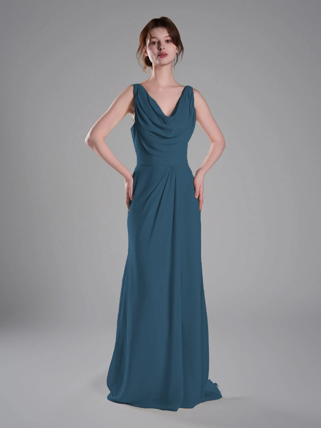 Cowl Neck Sheath Maxi Chiffon Bridesmaid Dress for Formal Wedding