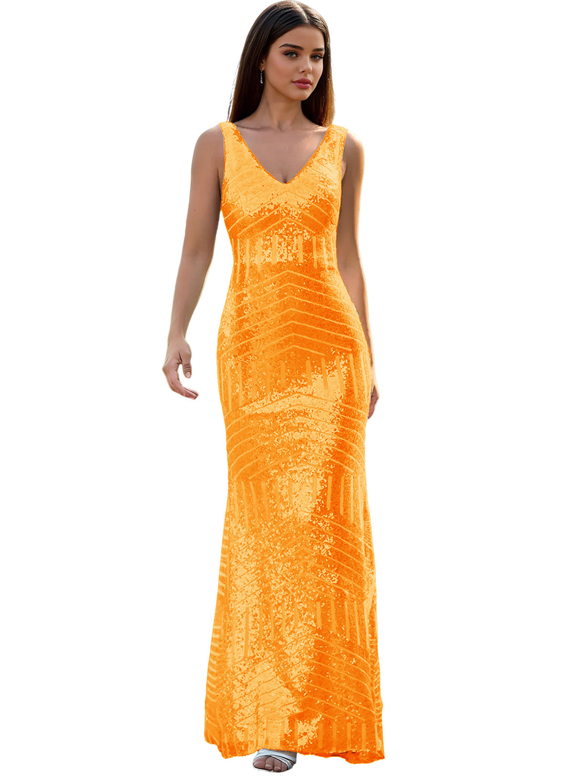 V-Neck Sequin Column Prom Dress with Beaded Waist and Low Back