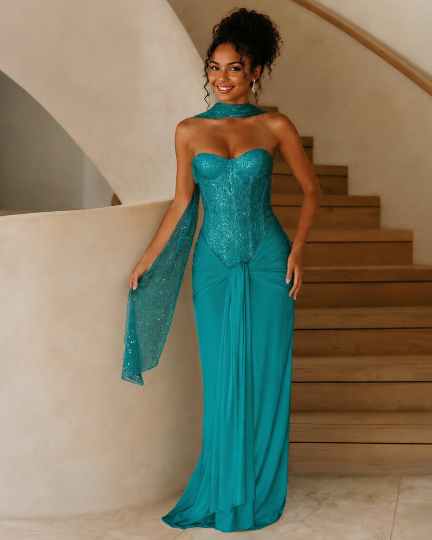 Strapless Sequin Corset Jersey Prom Dress with Draped Scarf Detail