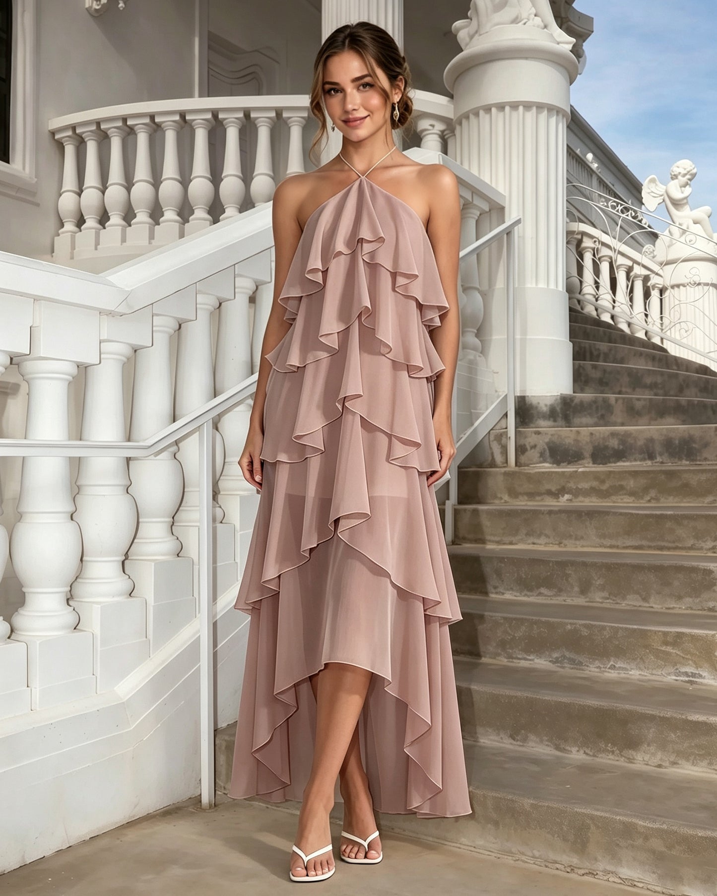 One-Shoulder Tiered Ruffle High-Low Chiffon Formal Dress