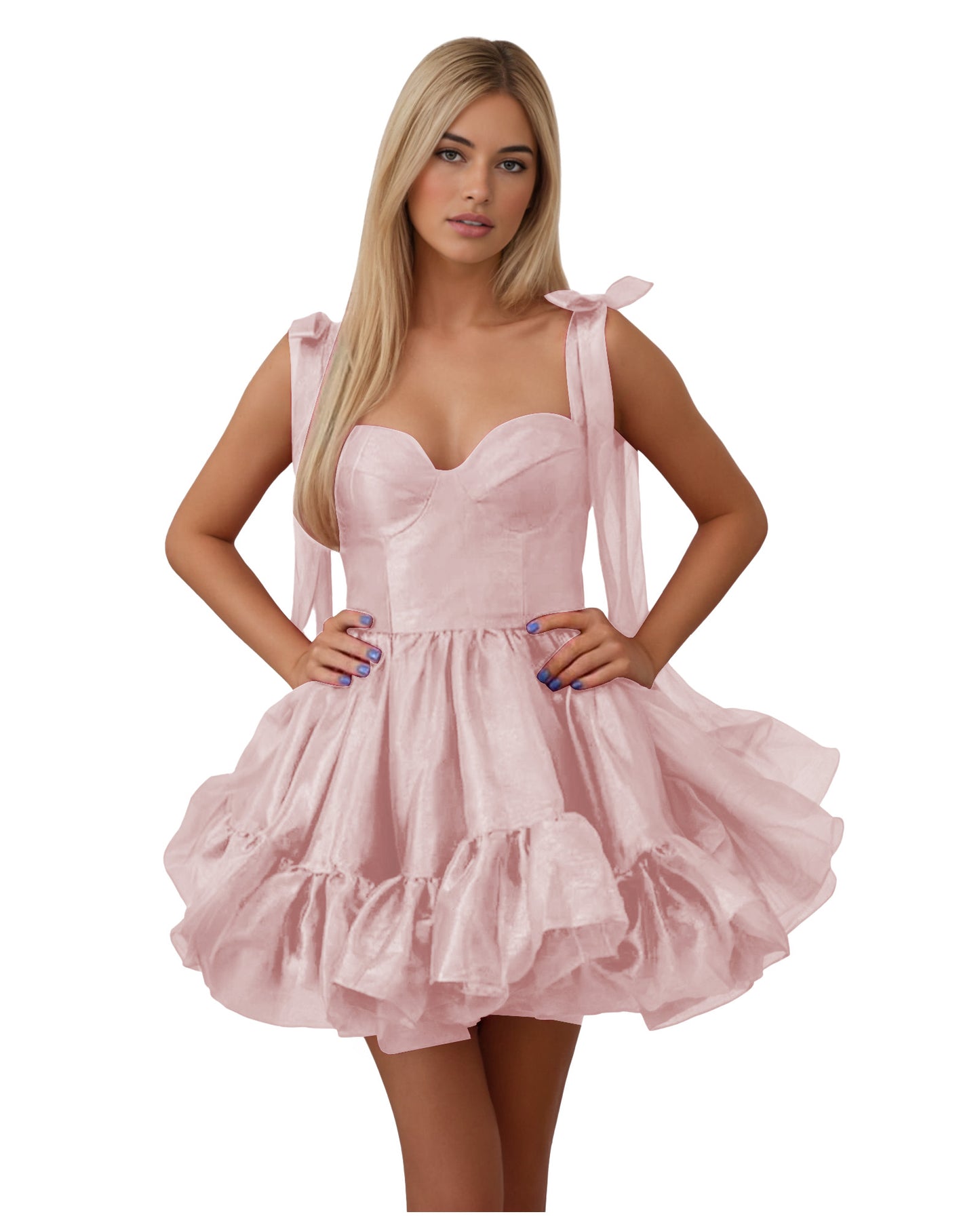 Bow Shoulder Satin Corset Ruffle Homecoming Dress