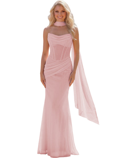 Strapless Chiffon Bridesmaid Gown with Sheer Boned Bodice, Ruched Waist and Scarf, product image 44
