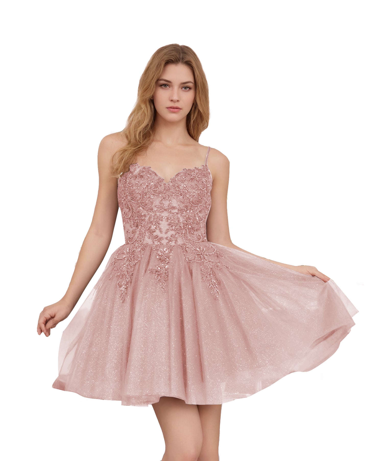 Spaghetti Strap Beaded Corset Glitter Tulle Homecoming Dress