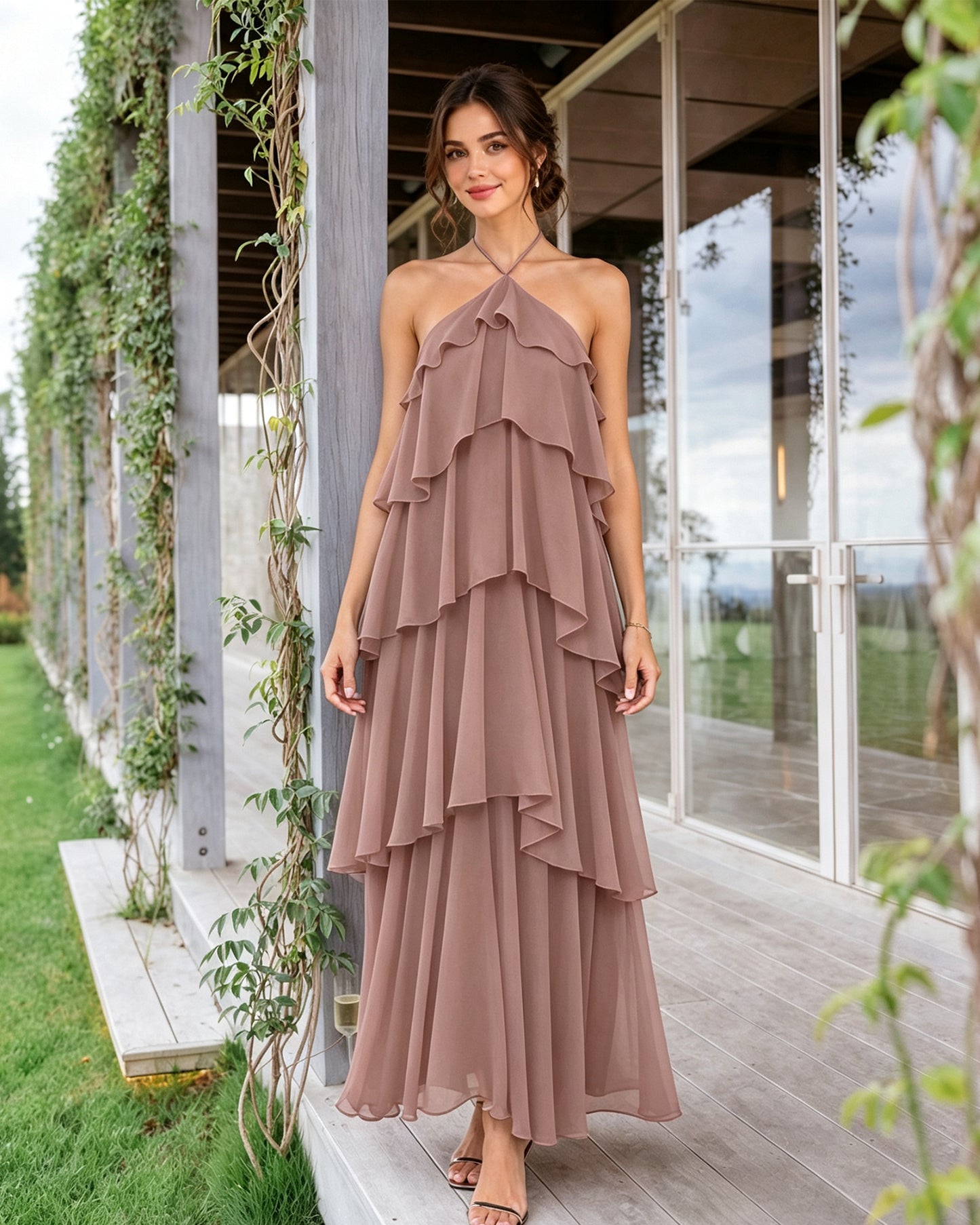 Halter Neck Tiered Chiffon Bridesmaid Dress with Ruffle Overlay