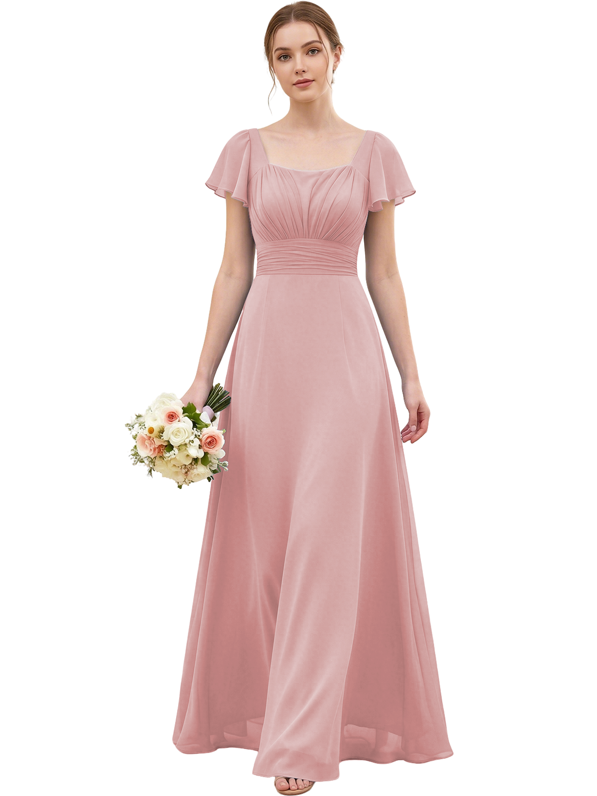 Square Neck Chiffon Bridesmaid Dress with Flutter Sleeves and Lace-Up Back