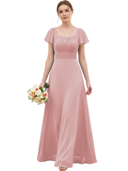 Square Neck Chiffon Bridesmaid Dress with Flutter Sleeves and Lace-Up Back
