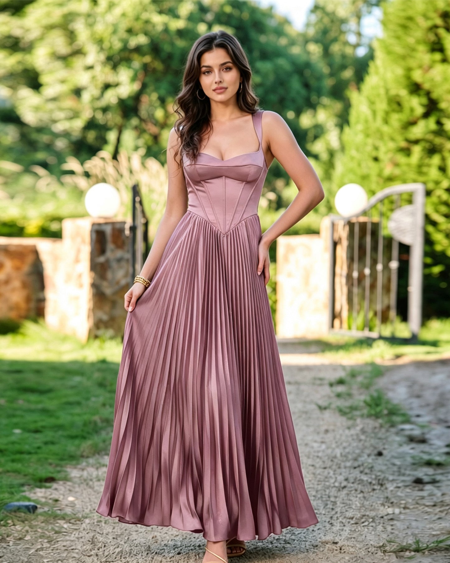 Square Neck Corset Pleated Formal Dress with Midi dress