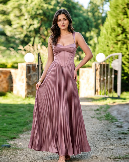 Square Neck Corset Pleated Formal Dress with Midi dress