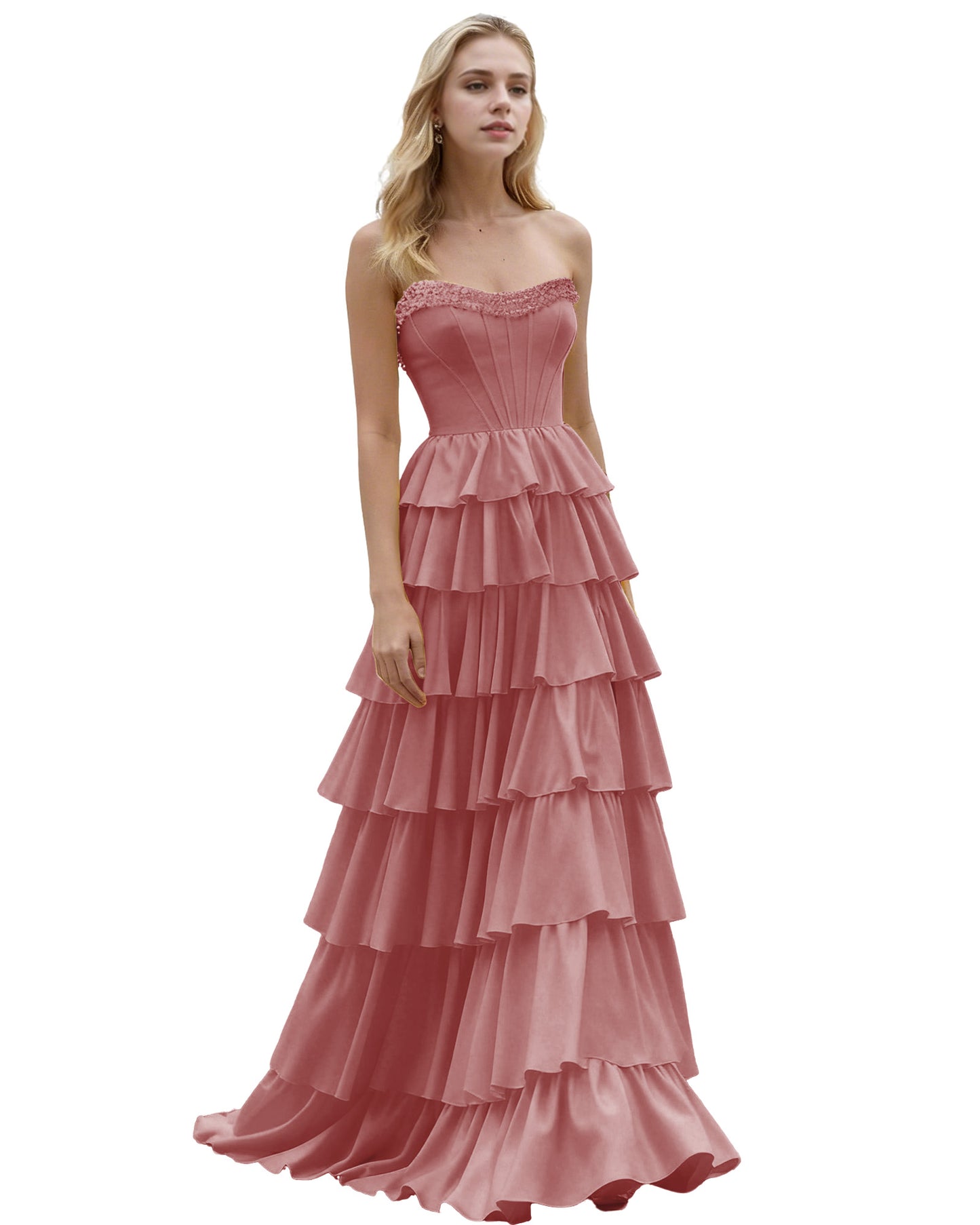 Strapless Tiered Ruffle A-Line Prom Dress with Corset Bodice