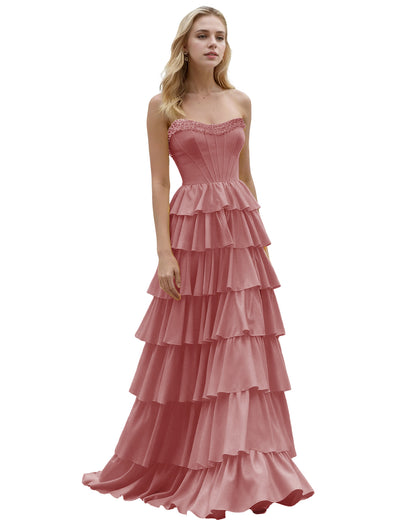 Strapless Tiered Ruffle A-Line Prom Dress with Corset Bodice