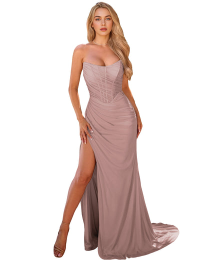Spaghetti Strap Satin Sheath Prom Dress with Ruched Bodice and Slit