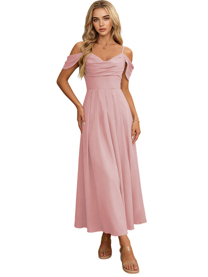 Off Shoulder Midi Bridesmaid Dress with Pleated Bodice and Flowing dress