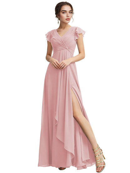 Cap Sleeve Chiffon Bridesmaid Dress with Ruffle V-Neck and Slit