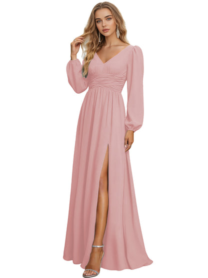 Long Sleeve V-Neck Chiffon Bridesmaid Dress with Front Slit