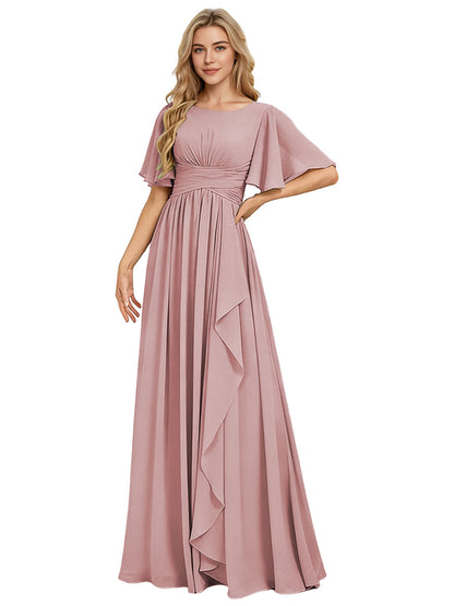 Flutter Sleeve Chiffon Bridesmaid Dress with Tiered Front Ruffle
