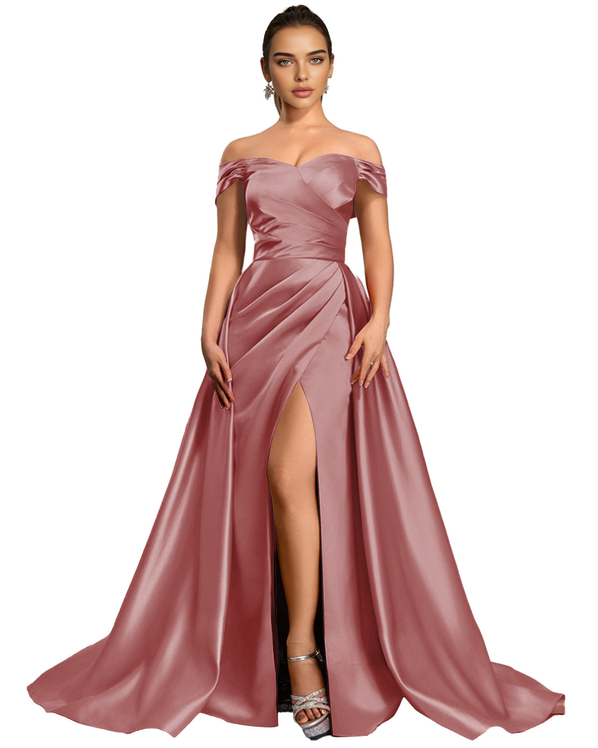 Off Shoulder Satin Ball Gown Prom Dress with Draped Bodice and Slit
